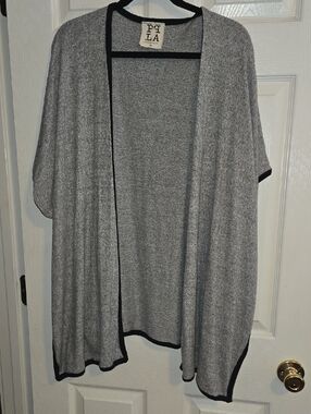 PPLA Gray‎ Cardigan with Black Trim Open-Front Draped Sweater